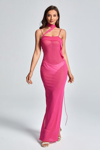 Mesh Hanging Neck Asymmetric Dress